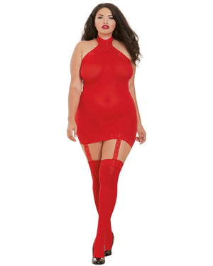 Dreamgirl 0035X Plus Size Sheer Garter Bodystocking with Thigh High Black or Red