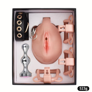 Realistic Nude Vagina Male Chastity Cage with 4 Rings, Pink Jewelled Silver Metal Plug and Belt For Him - Chastity Devices Buy Sex Toys in Singapore LoveisLove U4Ria
