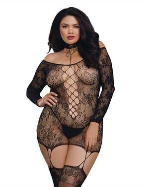 Dreamgirl 0318X Plus Size Lace Patterned Knit Garter Dress with Stockings