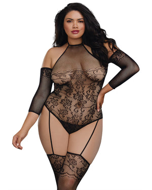 Dreamgirl 0310X Plus Size Fishnet Teddy Bodystocking with 3/4 Length Sleeves
