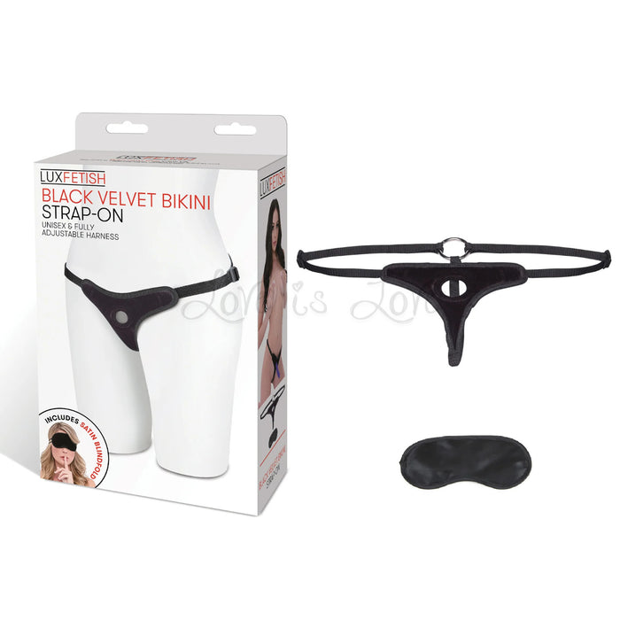 Lux Fetish Black Velvet Bikini Strap-On Harness With Satin Blindfold