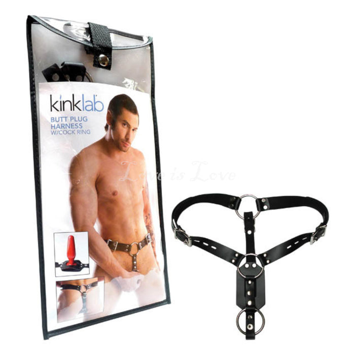 Kinklab Leather Locking Butt Plug Harness with Cock Ring for Men