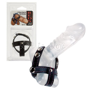 Reds Black Leather 3 Piece Cock And Ball Divider For Him - Ball Dividers/Stretchers Doc Johnson