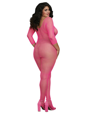 Dreamgirl 0015X Plus Size Fishnet Open Crotch Bodystocking Neon Pink