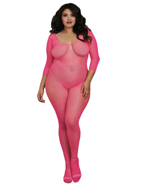 Dreamgirl 0015X Plus Size Fishnet Open Crotch Bodystocking Neon Pink