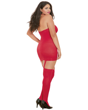 Dreamgirl 0035X Plus Size Sheer Garter Bodystocking with Thigh High Black or Red