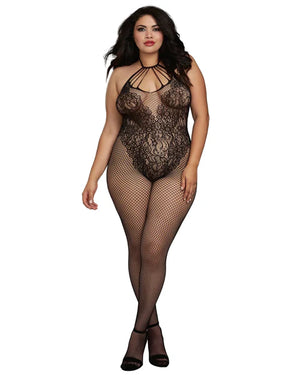 Dreamgirl 0326X Plus Size Fishnet Bodystocking with Knitted 'Teddy' Design Black
