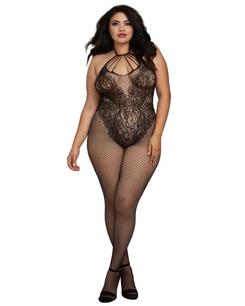 Dreamgirl 0326X Plus Size Fishnet Bodystocking with Knitted 'Teddy' Design Black