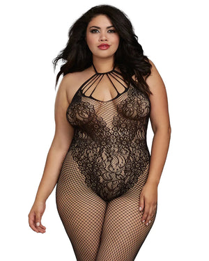 Dreamgirl 0326X Plus Size Fishnet Bodystocking with Knitted 'Teddy' Design Black