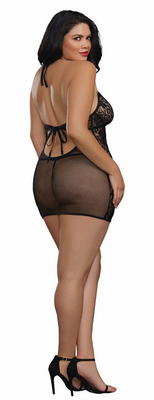 Dreamgirl Plus Size 11515X Baby Fishnet and Lace Halter Chemise with G-String