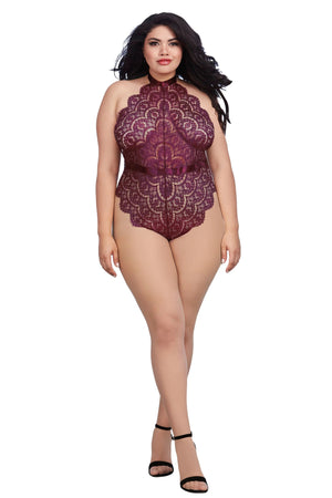 Dreamgirl Queen Size 11771X Eyelash Lace Teddy with Halter Neckline and Thong Back
