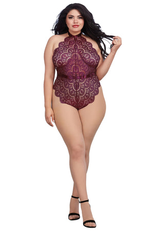 Dreamgirl Queen Size 11771X Eyelash Lace Teddy with Halter Neckline and Thong Back
