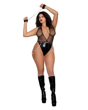 Dreamgirl Plus Size 12221X Faux-Leather Deep Plunge Halter Teddy