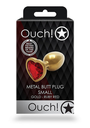 Shots Ouch! Metal Butt Plug Gold/Ruby Red Heart Gem