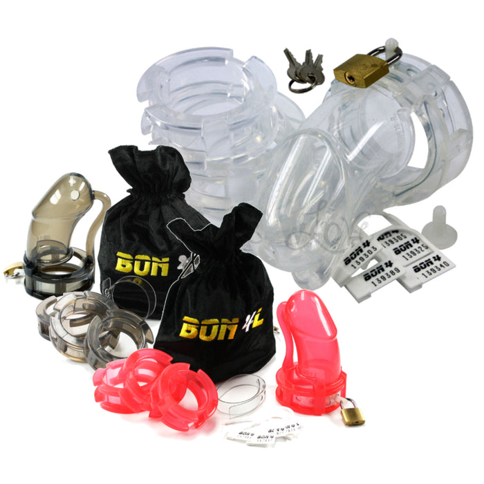 BON4L Large Silicone Chastity Device Kit Clear or Red or Black