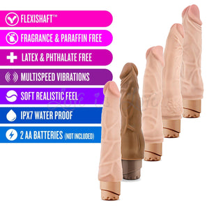Blush Dr Skin Cock Vibe 4 Realistic 8 Inch Vibrating Dildo in Tan with Dimensions Layout. Buy Multi Speed Flexible Dildos in Singapore LoveisLove U4Ria Online Shop - Discreet Shipping