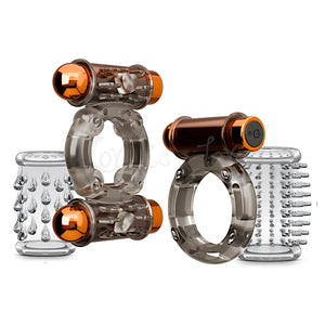 Blush Stay Hard Dual Bullet Vibrating Cock Ring Set showing 3-inch ring and 2-inch textured sleeve metrics.