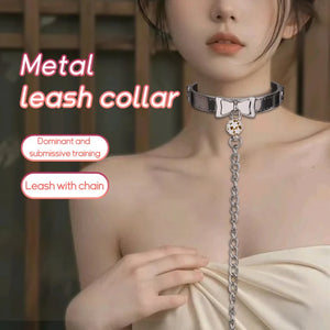 Bound Grace Stainless Steel Silver Bowtie Collar with Lead and Bell Bondage - Collars & Leash Buy Sex Toys in Singapore LoveisLove U4Ria