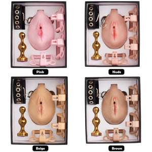 Realistic Nude Vagina Male Chastity Cage with 4 Rings, Pink Jewelled Silver Metal Plug and Belt For Him - Chastity Devices Buy Sex Toys in Singapore LoveisLove U4Ria