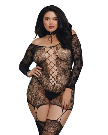 Dreamgirl 0318X Plus Size Lace Patterned Knit Garter Dress with Stockings
