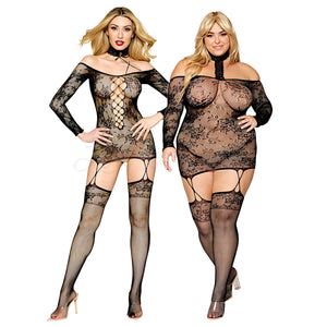 Dreamgirl 0318 Lace Patterned Knit Garter Dress with Stockings One Size or Queen Size For Her - Women's Sexy Wear Buy Sex Toys in Singapore LoveisLove U4Ria