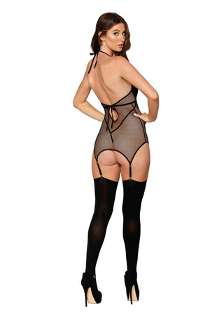 Dreamgirl 12804 Two-layer stretch fishnet garter slip with faux-vinyl inside teddy