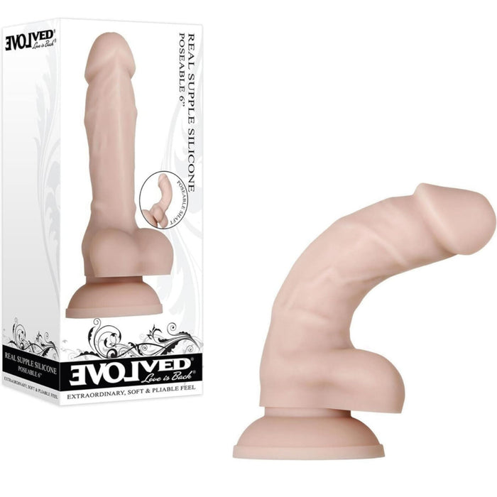 Evolved Real Supple Silicone Poseable Shaft Realistic Dildo With Balls Beige 6 or 8.25 or 10.5 Inch
