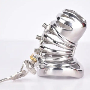 Stainless Steel Curve Spike Screw Chastity Silver Cock Cage #103A with 45 mm Curved Ring