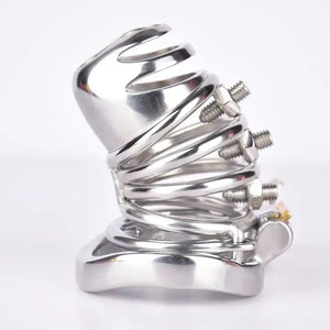 Stainless Steel Curve Spike Screw Chastity Silver Cock Cage #103A with 45 mm Curved Ring