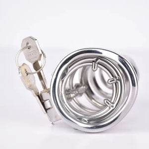 Stainless Steel Curve Spike Screw Chastity Silver Cock Cage #103A with 45 mm Curved Ring