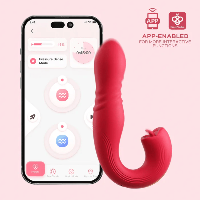 Honey Play Box Joi Thrust 2 App Controlled Thrusting G-spot Vibrator & Tongue Clit Licker Red