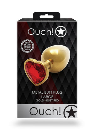 Shots Ouch! Metal Butt Plug Gold/Ruby Red Heart Gem