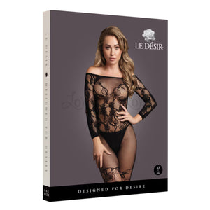 Le Désir Bodystocking with Off-Shoulder Long Sleeves Black