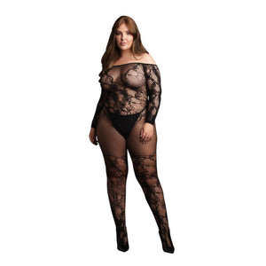 Le Désir Bodystocking with Off-Shoulder Long Sleeves Black