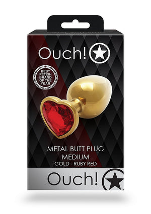 Shots Ouch! Metal Butt Plug Gold/Ruby Red Heart Gem