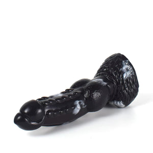 Wolf 9.6 Inch Knotted Fantasy Silicone Dildo black and white marbled knot, suction base detail, shaft detail, head detail
