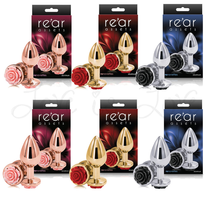 NS Novelties Rear Assets Rose Anal Plug Gold/Red or Silver/Black or Rose Gold/Pink