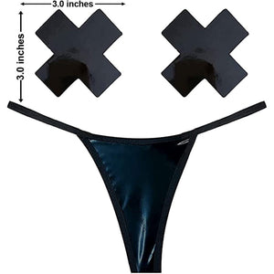 Neva Nude Naughty Knix DOM Squad Wet Vinyl G-String Pasties & Panties Set O/S Black