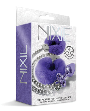 Nixie Metal Butt Plug With Inlaid Jewel & Fur Cuff Set Purple Buy in Singapore LoveisLove U4Ria 