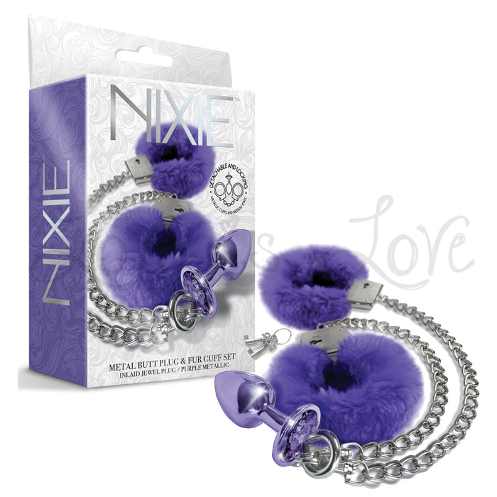 Nixie Metal Butt Plug With Inlaid Jewel & Fur Cuff Set Purple