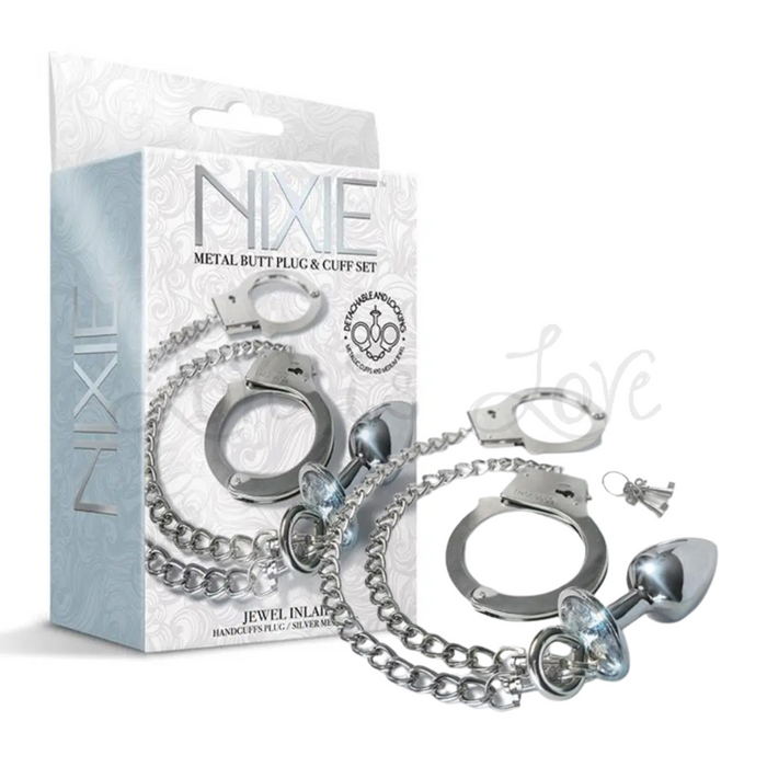Nixie Metal Butt Plug & Cuff Set Jewel Inlaid Silver Metallic