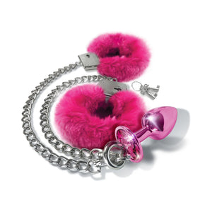 Nixie Metal Butt Plug With Inlaid Jewel & Fur Cuff Set Pink (Limited Period Sale)