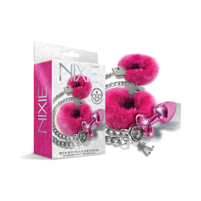 Nixie Metal Butt Plug With Inlaid Jewel & Fur Cuff Set Pink (Limited Period Sale)