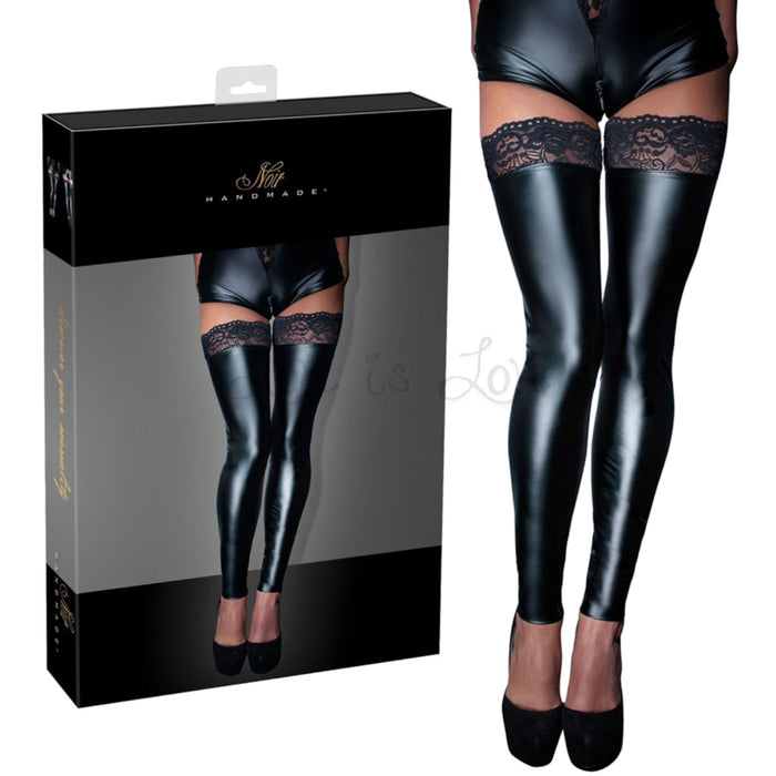 Noir Handmade Wetlook Stockings With Lace