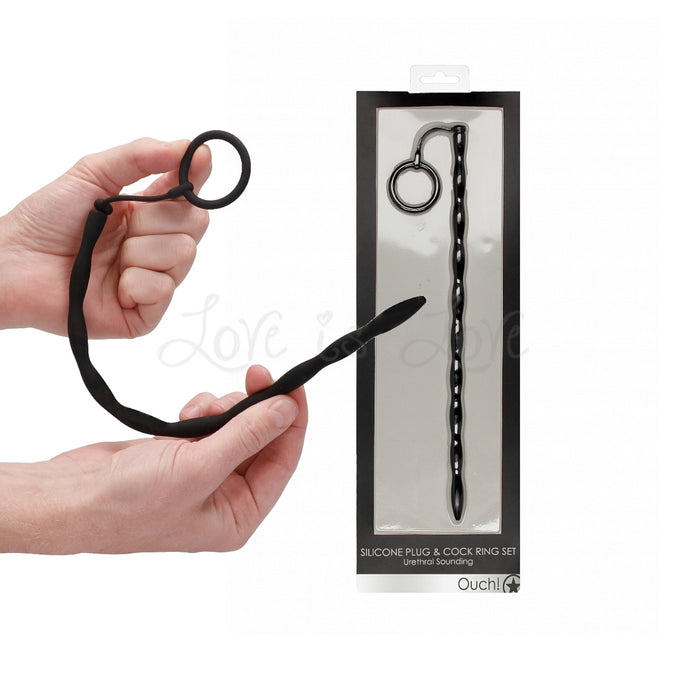 Shots Ouch! Urethral Sounding Silicone Plug & Cock Ring Set Full Length 30 CM