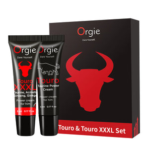 Orgie Touro and Touro XXXL Set 5 ML 0.17 FL OZ Each male performance enhancement dual airless pump bottle kit front view
