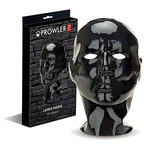 Prowler RED Black Latex Hood Mask with zip-up back and eye openings for bondage and fetish roleplay. Buy Prowler Red in Singapore LoveisLove U4Ria