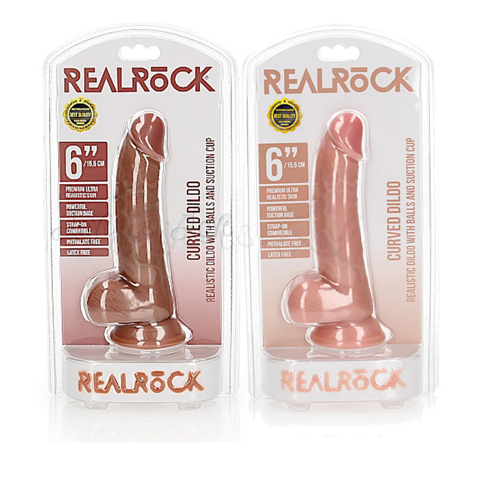 Shots RealRock Curved Realistic Dildo with Balls and Suction Cup 6 Inch Tan or Flesh