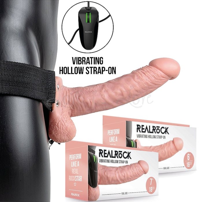 Shots RealRock Realistic Vibrating Hollow Strap-On Flesh 6 Inch or 7 Inch