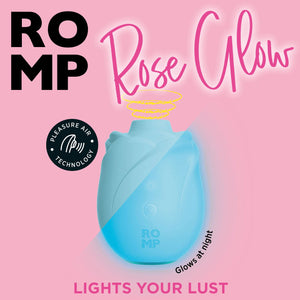 ROMP Rose Glow Rechargeable Clitoral Stimulator luminescent glow in the dark blue silicone rose toy design view